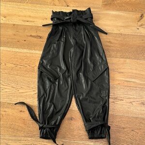 Chic Black Faux Leather Women's Joggers with Stylish Tie Accents